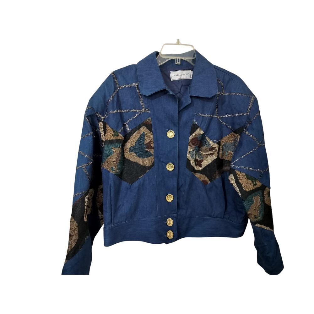 3228) Vtg Howard Wolf Dallas Tapestry Floral Animal Cropped Denim Jacket Sz 12 - Picture 1 of 7